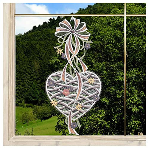 DSD Design-Studio Drechsler Gesticktes Fensterbild Herz mit Schleife Fenster-Dekoration in Pastell Plauener Spitze Blumen-Motiv