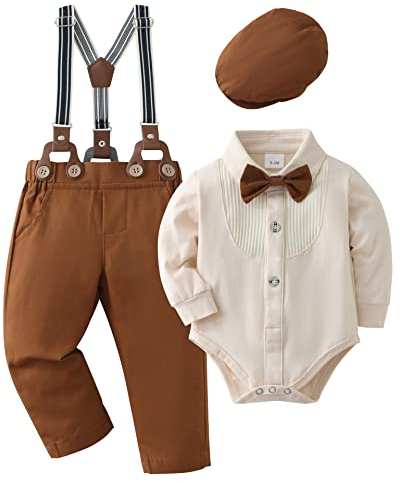 Zoerea Bimbo Neonato Completini Gentiluomo Battesimo Abbigliamento Set Pagliaccetto con Fiocco + Bretelle Pantaloni + Berretti Beige,0-3 mesi