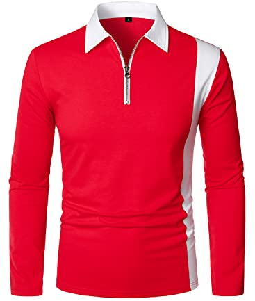 HOOD CREW Men’s Long Sleeve Polo Shirts Golf Shirt Casual Contrasting Color Tennis Top Red