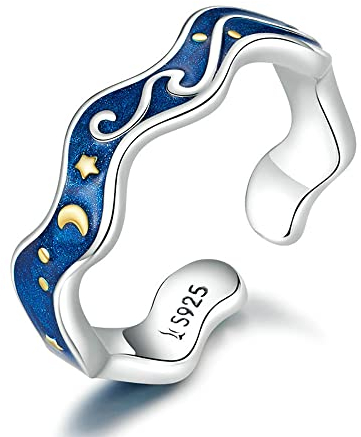 Sternenhimmel Mond Stern Offener Statement Ring S925 Sterling Silber Blau Universum Wellen Verstellbar Stapeln Ring Verlobung Ehe Ringe Finger Band für Frauen Mädchen