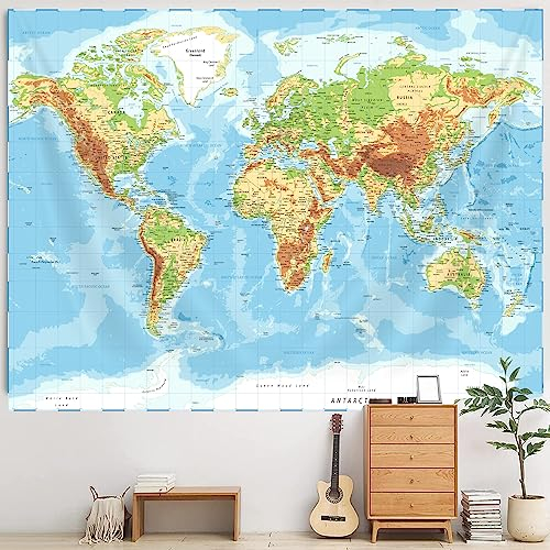 TOMOZ Weltkarten-Wandteppich, detaillierter blauer Ozean, natürliche physische Karte und Städte, Wandteppich, Wandbehang, Dekoration, 101.6x71.1 cm