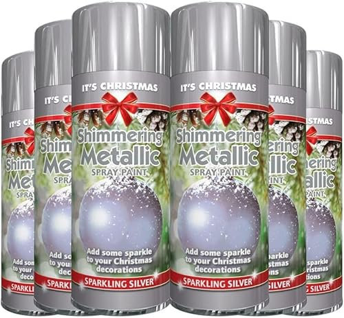 AbbeyShake glitter metallic christmas silver spray paint 200ml decorative - creative - dazzling effect to your hobby art and craft use - pack of 6 cans
