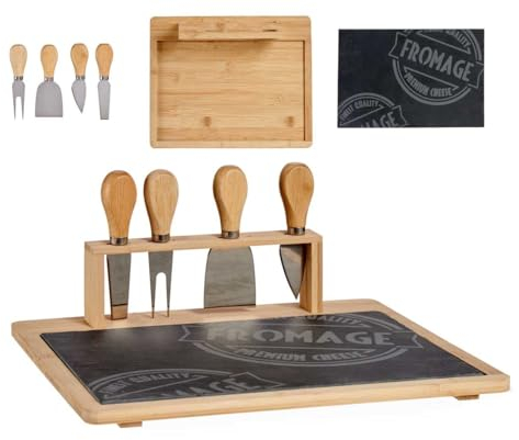Genérico Set Tabla de Queso y Cuchillos, Exclusiva Tabla Bambu para Chacurteria de Pizarra, Tabla de Queso y Picada Ideal para reuniones, el mejor regalo que puedes hacer