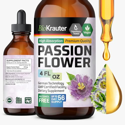 BIO KRAUTER® Passion Flower for Stress Relief - Calm & Mood Support - Pure Vegan Liquid Drops Passion Flower Extract 670 mg/Serving 4 Fl.Oz 56-Day Supply - Alcohol & Sugar Free - Natural Calm Drops