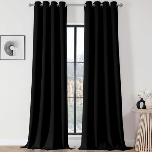 Joydeco Set di 2 tende oscuranti, lunghezza 305 cm, isolamento termico, tende lunghe e tende, tende natalizie per soggiorno, camera da letto, finestra, colore: nero, 132 x 305 cm (larghezza x