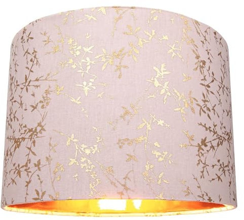 Modern Soft Pink Cotton Fabric 12 Lamp Shade with Gold Foil Floral Decoration Suitable for Table or Ceiling Usage | 30cm Diameter | 60w Maximum by Happy Homewares