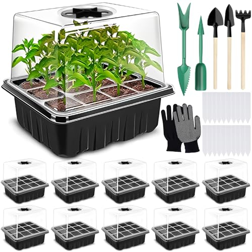 ZHHGOO Mini Serre pour Plantes,Boite Semis avec Couvercle surélevé,10 Pièces 120 Cellules Intérieure Plateau Semis,Serre Intérieure Pépinière Boîte avec 20 étiquettes,3 Pelle,2 Outils,1 Paire de Gants
