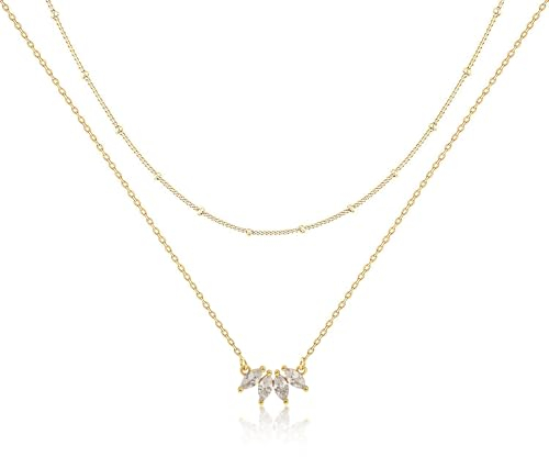 LIHELEI Halsketten für Frauen, Zierliche Blatt Schicht Halskette S925 Plattierte Geschichtete CZ Halskette, Einfache Diamant-Halsketten für Frauen Schmuck Geschenke für Mädchen - Gold