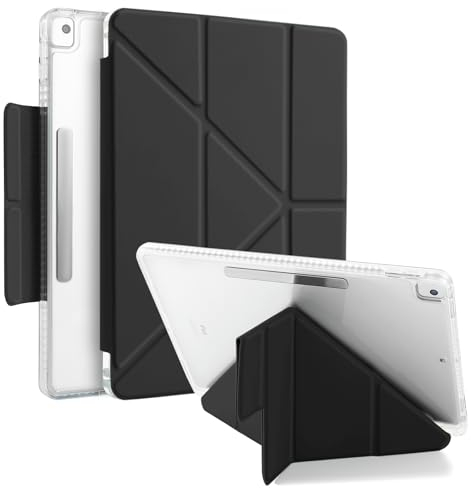 MuyDoux Hülle Origami für iPad 10,2 Zoll 9. 8. 7. Generation 2021/2020/2019 mit Stifthalter, 5-in-1 Mehrere Betrachtungswinkel, mit Magnetverschluss, Glasklare Durchsichtig Acryl Rückseite, Schwarz