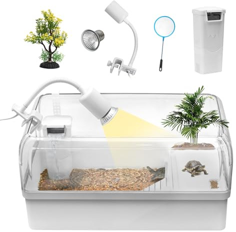 Clioran - Kit per acquario per tartarughe acquatiche, con area multifunzione, nascondiglio, luce UV, filtro dell'acqua, rete per pesci, drenaggio, pianta per tartarughe, rettili, granchi