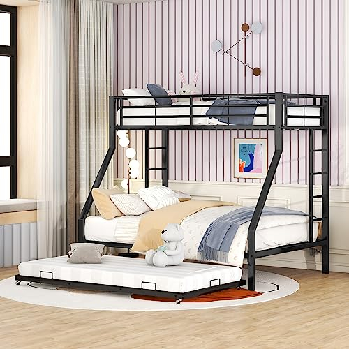 Rtopsu Kinderbett Etagenbett 90x200 & 140x200 cm mit Ausziehbarem Bett, Metallbett mit Leiter und Rausfallschutz für 2-4 Kinder, Metallbettgestell für Jugendliche Erwachsene, Schwarz, Ohne Matratze