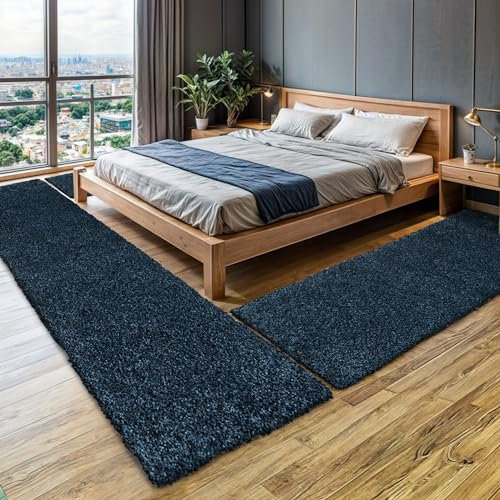 MY-RUG Bettumrandung Schlafzimmer 3teilig Teppich Blau - 2mal 140x70 und 1mal 300x80cm - Bettvorleger rutschfest Läufer Hochflor Deko