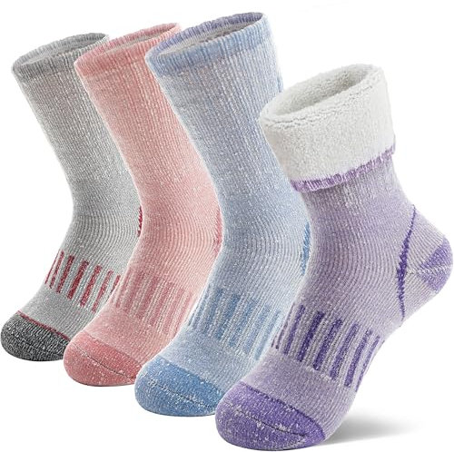MOSEY KOSY 4 Paia Bambini Lana Merino Calze Escursionismo Ragazzi Ragazze Toddlers Termiche Invernali Calde Stivali Spessi Imbottiti Snowboard Calzini(Viola/Rosa,29-34)