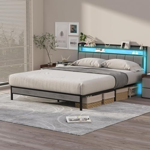 TRIUMPHKEY 142x215cm Marco de Cama con LED y Cómodo Cabecero, Somier de Metal para Camas Dobles, Marco de Cama Queen Size, Cama Moderno con Espacio de Almacenamiento para Dormitorios