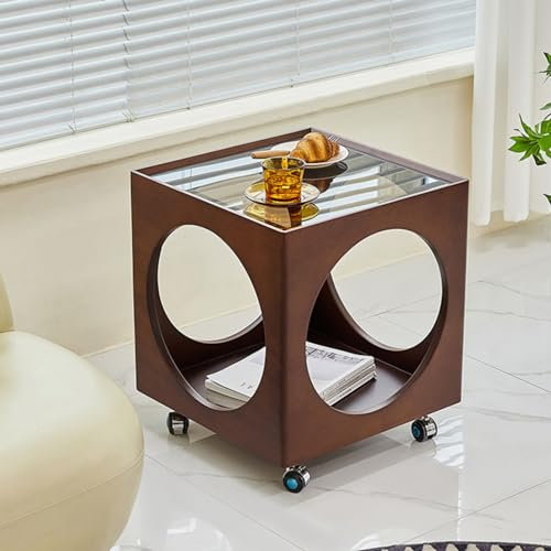 Générique Table D Appoint Carrée Vintage en Bois Massif Et Verre Trempé Mobile Et Fonctionnelle pour Le Salon La Chambre Ou Le Canapé Table D Appoint