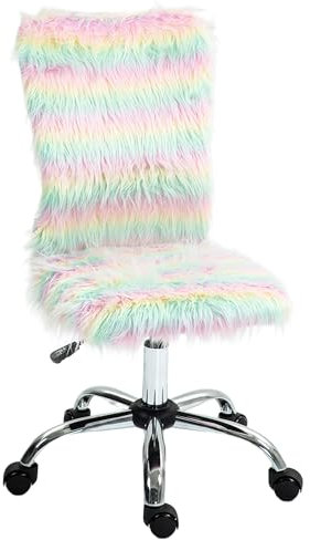 HOMCOM Fluffy Desk Chair, Armless Students Chair, Makeup Vanity Chair with Adjustable Height, Rolling Wheels for Home Study Bedroom, Unicorn Tone