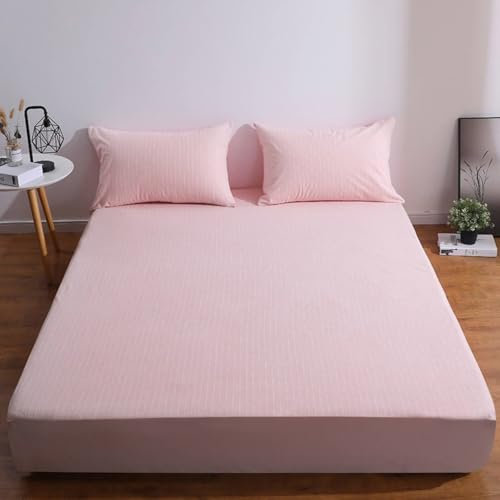 Bettlaken 100x200cm 30cm Hoch Frottee, Spannbetttuch Boxspringbett Hellrosa Einfarbig Wasserdicht Bettspanntuch Streifenmuster