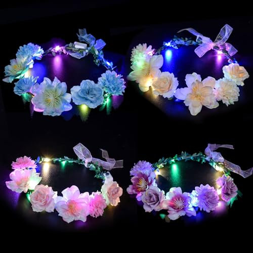 LED Blumenkranz Stirnband,Liuer 4PCS LED Haarband mit Blume,Haarkranz Leuchtend,Blumenkrone Blinkende Haargirlande Kopfschmuck Damen für Geburtstag,Hochzeit,Festival,Party (B, B)