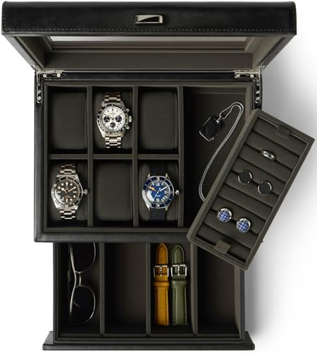 TAWBURY Scatola per orologi e gioielli da uomo, con 6 scomparti, con display in vetro, porta gemelli e anello rimovibili e cassetto personalizzabile per riporre occhiali da sole (nero/carbone)