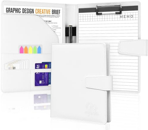 Agoer Schreibmappe A5 Klemmbrettmappe, Leder Konferenzmappe DIN-A5 mit Magnetverschluss, Schreibbrett Klemmbrett inklusive A5 Notizblock und Stift -Weiß