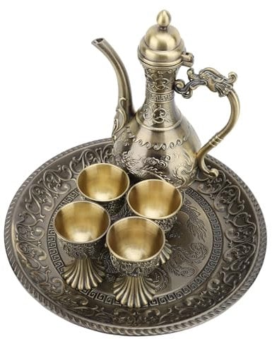 Jwthee Vintage Turkish Coffee Pot with 4 Coffee Cups, Metal Turkish Tea Set, Turkish Coffee Cup and Tea Pot Set Including Teapot,Tea Tray (Bronze)