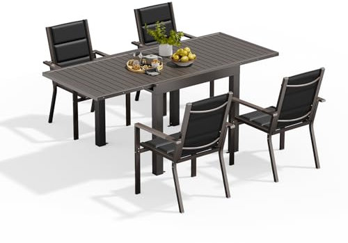 Devoko Gartenmöbel Set 4 Personen,4+1 Aluminium Tisch und Stühle Set Balkonmöbel, 4 Stapelbare Gartenstühle und 1 80/160 cm Dehnbarer Gartentisch,Terassen möbelsets außen Lounge, Braun