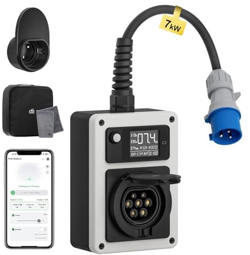 dé Mobile Wallbox 7,4kW Mit APP EV Charger CEE Stecker und Typ 2 Steckdose, 7,4kW Ladestation mit Stromzähler, RFID-Karte für ID.4 ID.5, Model Y, Model 3, e-up, e-tron und andere EV und PHEV