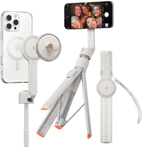 Spigen 66 MagSafe Auto-Opening Selfie Stick Tripod Dual Magnetic Mount, Bluetooth Remote, Extendable & Foldable Included Metal Ring & Wrist Strap for iPhone, Galaxy, Pixel, Xiaomi etc - Dune Beige