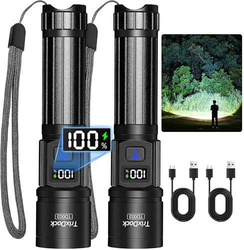 Torch Rechargeable 2 Pack, Torches Led Super Bright High Lumens, 5 Modes Zoomable Flashlight with LCD Digital Display, Powerful Torch for Dog Walking Camping Emergency Gift [Energy Class A+++]