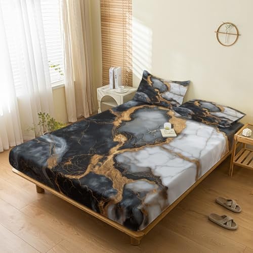 Generisch Spannbettlaken 160x200cm Marmor, mit 2 Kissenbezug 80x80 - Bettlaken Schwarz Weiß Grau Gold Modern Motiv, Deko & Geschenke, 30 cm Steghöhe, Gebürstete Mikrofaser Spannbetttuch - SJE5007