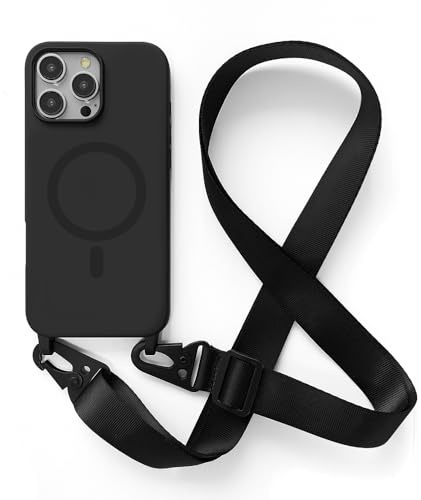 Leather Armor Handykette Hülle für iPhone 16 Pro(6.1) mit Band Halsband Lanyard (abnehmbar) Handyhülle, Verstellbarer Lanyard.Magnetisch Stoßfest Silikonhülle Wireless Charging kompatibel .-Schwarz