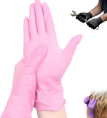 XKrmp Heavy Duty 6 Mil Nitrile Gloves - Disposable Latex Free Gloves for Mechanics, Automotive & Industrial Use, Rubber Gloves for Cooking Food Prep & Cleaning, Powder Free (100Pcs,Pink)