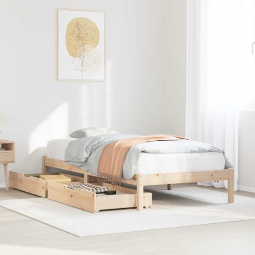 kithwjll Massivholzbett aus unbehandeltem Kiefernholz, 75x190 cm, mit Lattenrost und 2 Schubladen, Robustes Einzelbett für Schlafzimmer und Gästezimmer