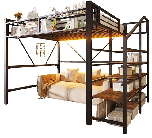 Azkoeesy Letto a Soppalco Metallo con Scala e Ripiani Integrati, Matrimoniale 140x200 cm, Ripiano Superiore da 2 m, Luci LED con App, per Adolescenti, Adulti, Cameretta, Nero