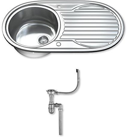 Dihl 1061 Kitchen Sink with Drainer, Single Bowl 1.0, Oval, 304 Stainless Steel, Silver, 90 x 47 cm, Inset, Includes Full Waste Kit and fixings