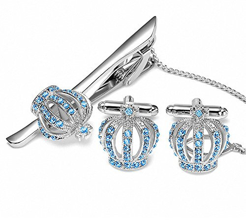 BagTu Diamond Crown Pince à cravate et ensemble de boutons de manchette en noir Gift Box-Crystal Pince à cravate et ensemble de boutons de manchette