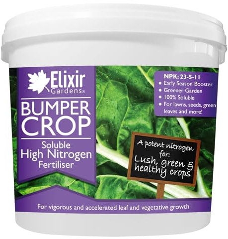 Elixir Gardens Bumper Crop High Nitrogen Fertiliser | N.P.K: 4-1-2 | Fom 1kg to 20kg, Perfect for Brassicas, Leafy Plants & Vegetables | 1kg Re-Sealable Tub (Makes 1000L of Liquid Feed)