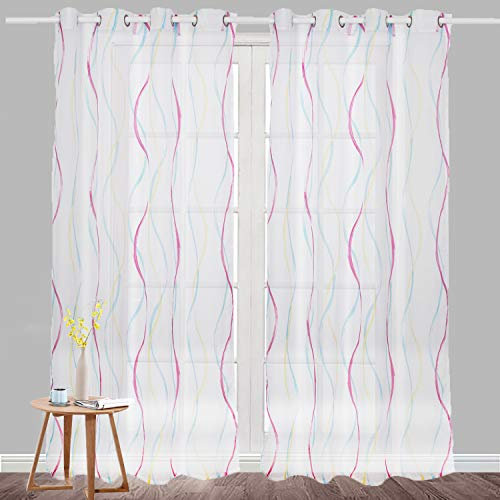 SIMPVALE Voile Vorhang Gardinenschal Wellen Druck Design Transparent Vorhänge Ösenschal Fensterschal Wohnzimmer Schlafzimmer 2er Set, Rose rot, 140x245cm