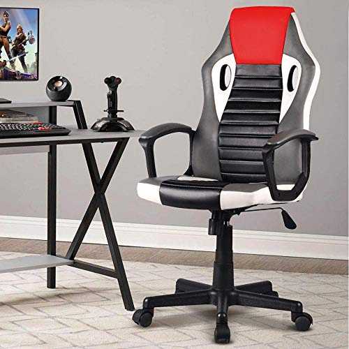 BAKAJI Sillón Presidencial ergonómico para Gaming de Carreras, de Piel sintética, para Oficina, casa, Dormitorio, Sala de reuniones, Regulable en Altura, giratoria y direccional (Color Rojo)
