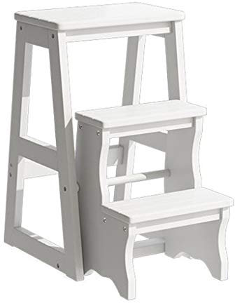 Folding 3 Step Stool Stepladder, Portable Wood Step Stool for Household & Office & Kitchen, with Anti-Slip Wide Pedal, 400lbs Capacity, White