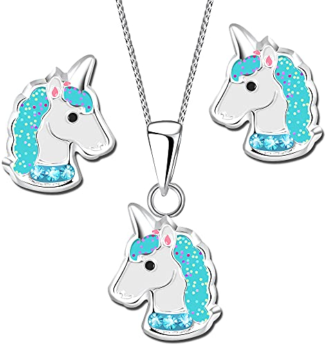Kinder Mädchen Ohrringe mit Kette 925 Sterling Silber Glitzer Einhorn Pferde Ohrstecker Set (K756+P11 40+5cm)