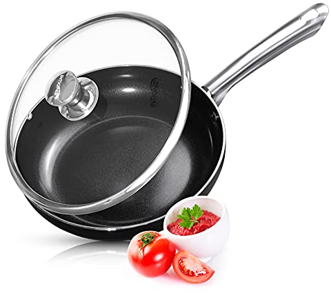 INTIGNIS Frying Pan with Lid Non Stick Deep Sauté Pan, Stainless Steel Induction Base for All Hobs Ceramic Ovenproof Dishwasher Safe (Black, 24 CM)