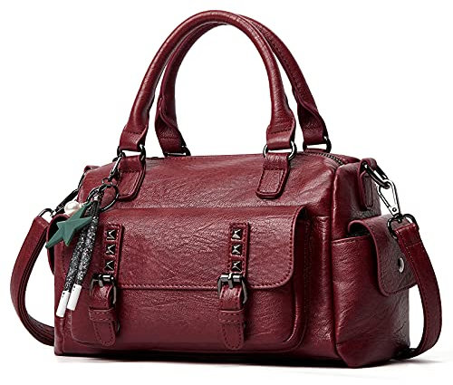 PORRASSO Bolsos de Mujer Bolso Bandolera Retro Bolsa de Hombro con Colgante Señoras Bolso de Mano Impermeable Bolsa de Mensajero de Cuero PU Viajes Trabaja Citas Bolso Boston Vino Tinto