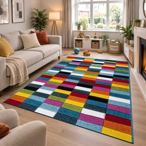 renoazul® Multi Colour Carpet Runner Rug for Living Room, Hallway, Bedroom and Office, 160 x 230 cm, Cube, Soft Thick Pile Fluffy Thick Plush Geometric Runner Rug