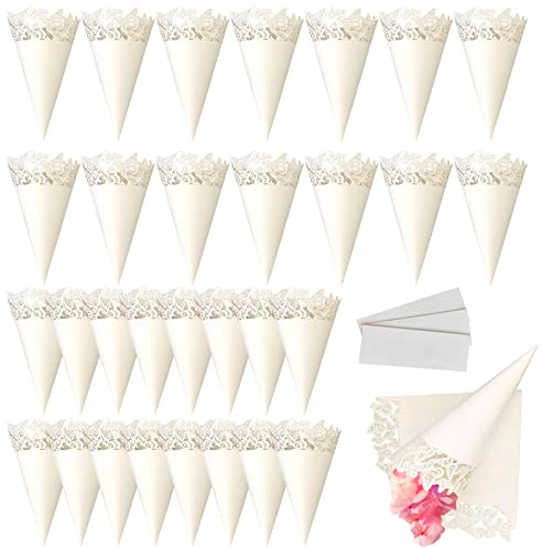 30 Stück Party Papierkegel, Hochzeits Konfetti Tüten, Hohldruck, für Papier Hochzeit Konfetti Zapfen, Bonbonblumenteller und Konfetti(Weiß)