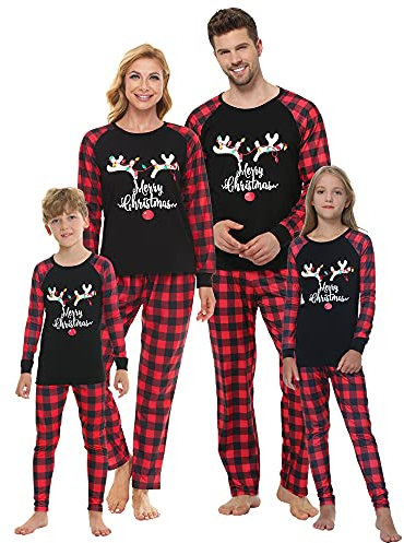 MyFav Ensemble de Pyjamas Noël Famille Pyjama Long avec Impression de Cerf Chemise et Pantalon à Carreaux Vêtements de Nuit Automne Hiver,Cerf Lumineux,Femme,XS