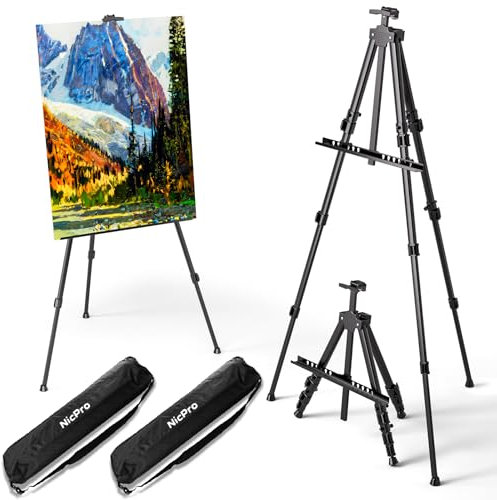Nicpro 2 Pack Artist Easel Stand, Adjustable Height 17 to 63 Aluminum Metal Tripod Easel for Table Top & Floor, Painting Easel for Display, Posters, Signs Artwork & Trade Exhibitions with Bag(Black)