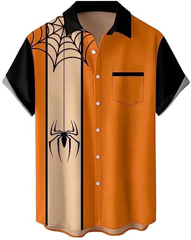 Chemise de bowling boutonnée à manches courtes pour homme - Imprimé hawaïen - Coupe droite - Pour l'été, Imprimé araignée d'Halloween, Taille M