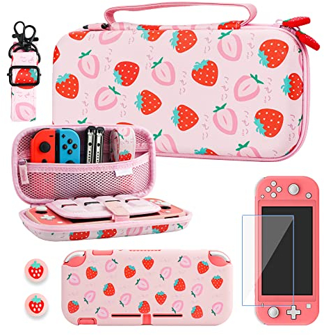RHOTALL Tragetasche für Nintendo Switch Lite, niedliche Schutzhülle für Switch Lite mit TPU-Schutzhülle, verstellbarem Schultergurt, Displayschutzfolie und 2 Daumenkappen, Erdbeere