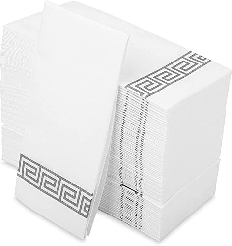 LEKOCH 100 PCS Einweg Servietten Weiß mit Grau Design, Air Laid Stoffähnlich Servietten Für Hochzeit Premium QUALITÄT, 43x30 cm